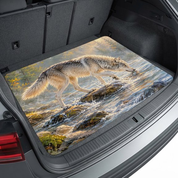 Universal Car Trunk Mat 29"x39", Wild Wolf Waterproof Cargo Liner, Non-Slip Durability Cargo Mat, Forest Creek Stone Natural Scenery All Weather Rear Trunk Protector for Car SUV