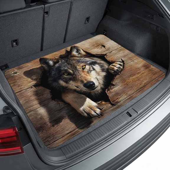 Universal Car Trunk Mat 29"x39", Wolf Head Waterproof Cargo Liner, Non-Slip Durability Cargo Mat, Wood Planks Intense Eyes All Weather Rear Trunk Protector for Car SUV