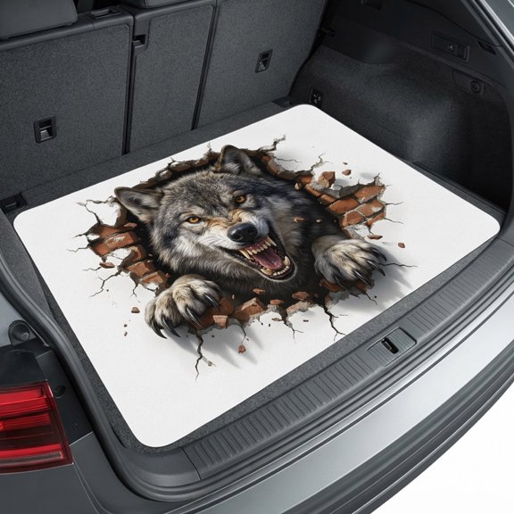 Universal Car Trunk Mat 29"x39", Wolf Waterproof Cargo Liner, Non-Slip Durability Cargo Mat, Broken Wall Dynamic Angry Expression All Weather Rear Trunk Protector for Car SUV