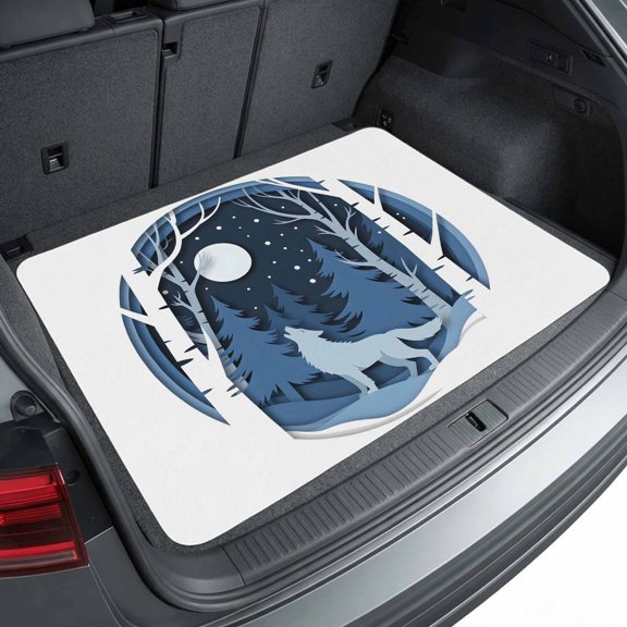 Universal Car Trunk Mat 37"x54", Blue Wolf Waterproof Cargo Liner, Non-Slip Durability Cargo Mat, Christmas Tree Forest Scissors Moon Night All Weather Rear Trunk Protector for Car SUV