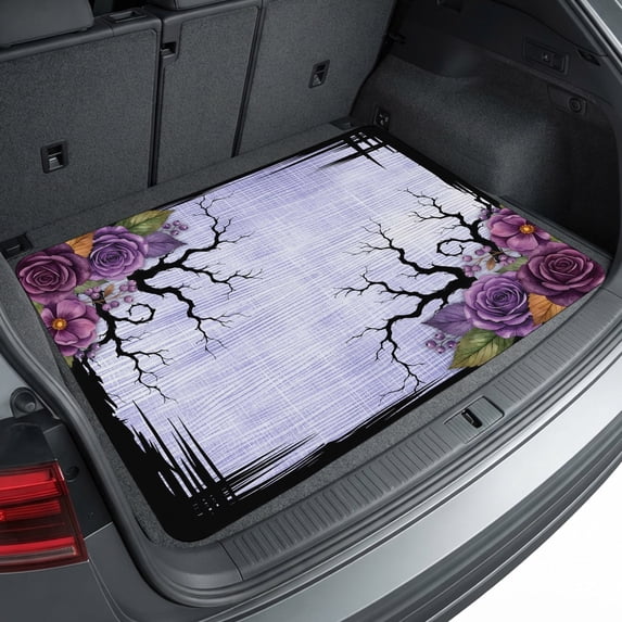 Universal Car Trunk Mat 37"x54", Halloween Floral Waterproof Cargo Liner, Non-Slip Durability Cargo Mat, Fall Country Spooky Branches Plants Purple All Weather Rear Trunk Protector for Car SUV