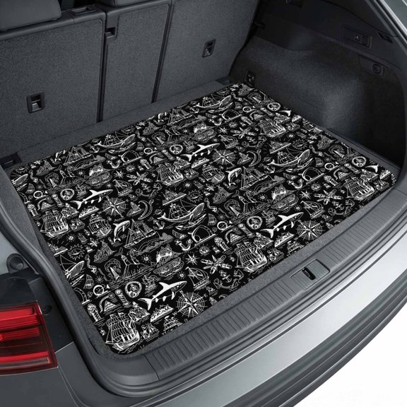 Universal Car Trunk Mat 37"x54", Nautical Black Waterproof Cargo Liner, Non-Slip Durability Cargo Mat, Anchor Rudder Compass Sailing Boat All Weather Rear Trunk Protector for Car SUV