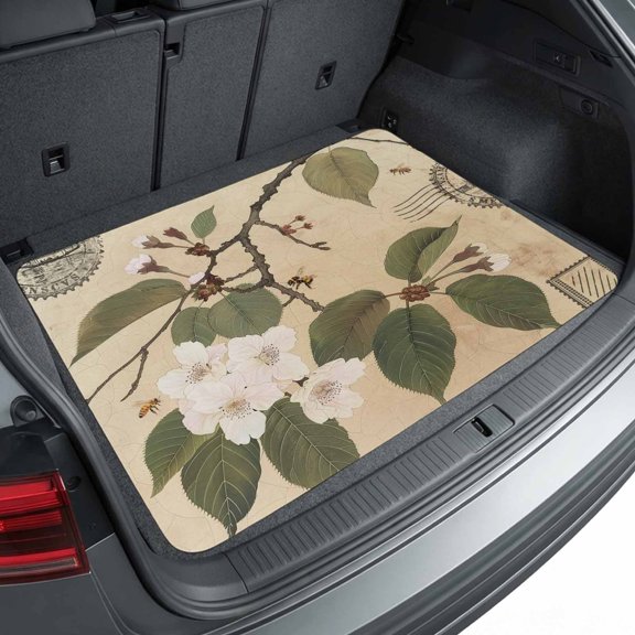 Universal Car Trunk Mat 37"x54", Retro Tree Branches Waterproof Cargo Liner, Non-Slip Durability Cargo Mat, Country Vintage Flowers Green Leaves All Weather Rear Trunk Protector for Car SUV