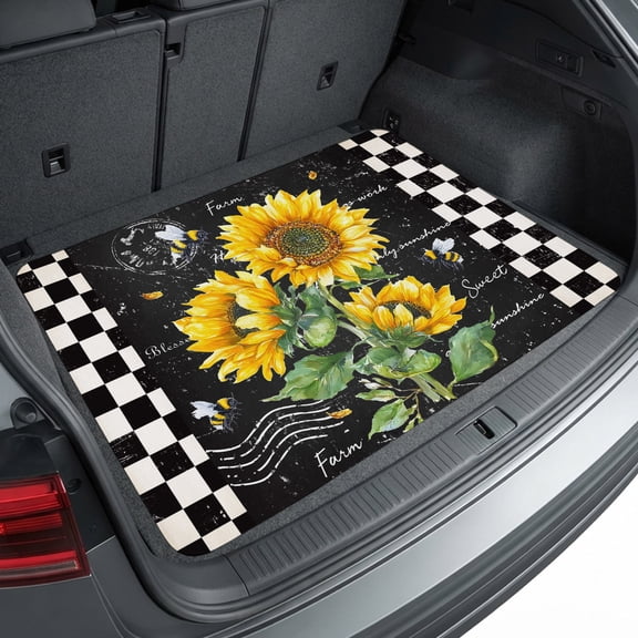 Universal Car Trunk Mat 37"x54", Sunflower Black Waterproof Cargo Liner, Non-Slip Durability Cargo Mat, Vintage Farm Bee Black White Plaid All Weather Rear Trunk Protector for Car SUV