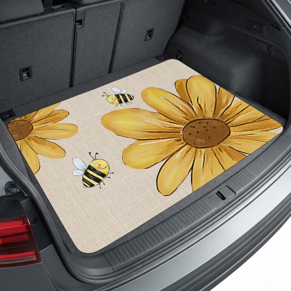 Universal Car Trunk Mat 37"x54", Yellow Daisy Rustic Waterproof Cargo Liner, Non-Slip Durability Cargo Mat, Pastoral Flowers Honeybees Burlap All Weather Rear Trunk Protector for Car SUV