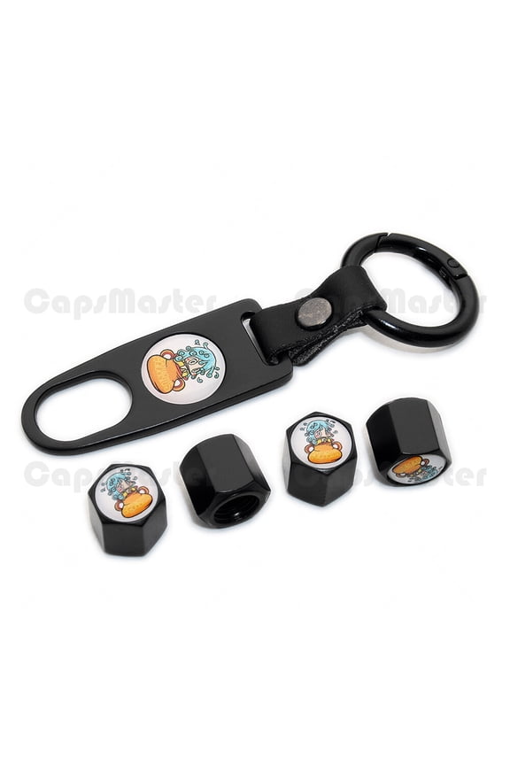 Universal Car Wheel Tire Valve Dust Stem Air Cap + Keychain Zodiac Aquarius Logo