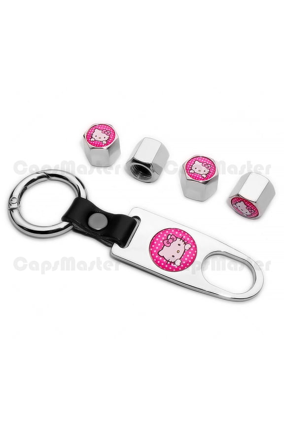 Universal Car Wheels Tire Valve Dust Stem Air Cap Keychain Pink Hello Kitty Logo