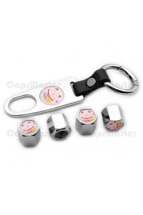Universal Car Wheels Tire Valve Dust Stem Air Cap + Keychain Ring Lucky Cat Logo