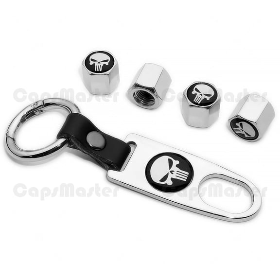 Universal Car Wheels Tire Valve Dust Stem Air Cap + Keychain Skull Punisher Logo