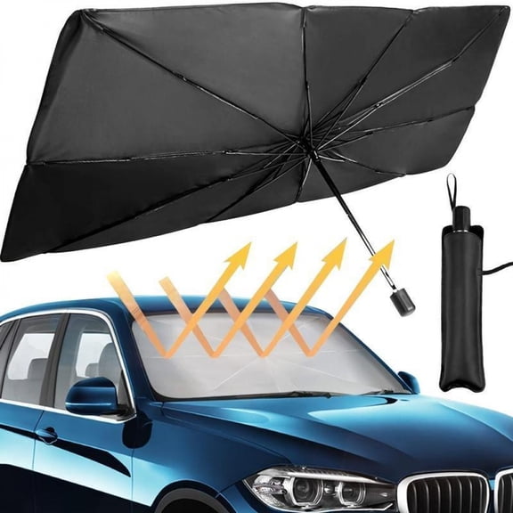 Universal Car Windshield Sun Shade Umbrella, Foldable Titanium Silver Coating Sun Visor, Heat Blocker & UV Protector for Interior, Easy Install Storage Bag Included (Fits Most Sedans, SUVs, Trucks)
