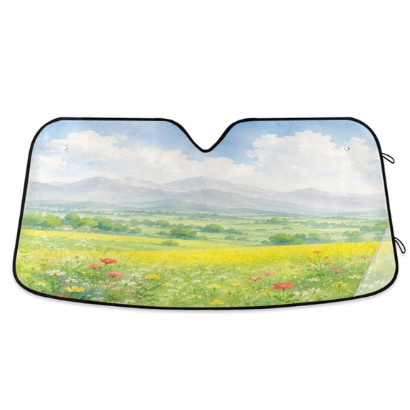 Universal Car Windshield Sunshade Foldable Design Keeps Vehicle Cool & Fresh Springtime Countryside Scene M