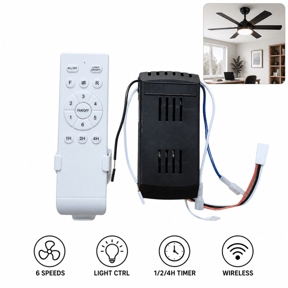 Universal Ceiling Fan Remote Control Kit, 6-Speed & Timing Replacement for 24V DC Fan Lights, Wireless Controller for Home Office