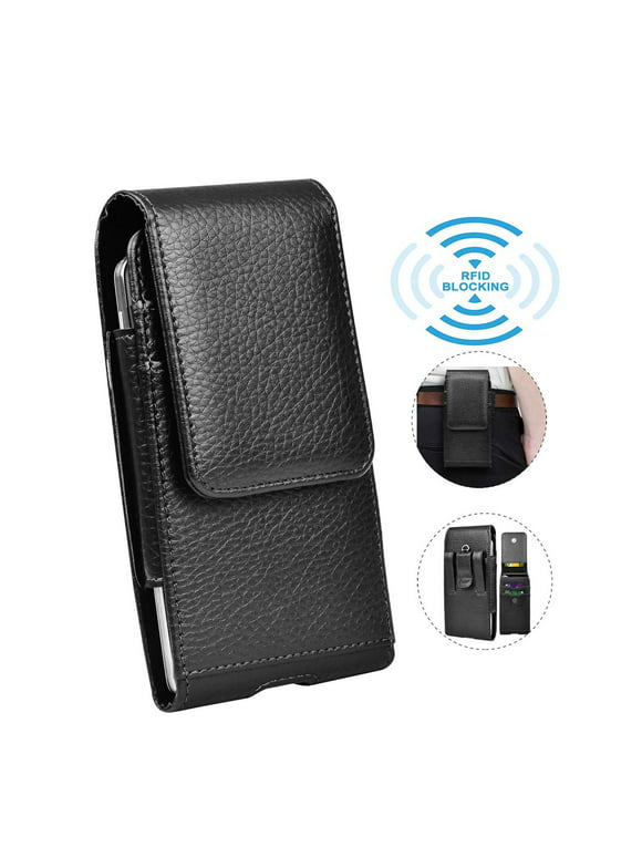 Universal Cell Phone Belt Holster Case, Tekcoo Vertical Leather Belt Clip Pouch Hybrid Carrying Case w/ Snap on Cover for CellPhone up to 6.7" -Black