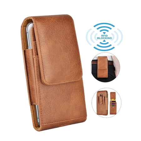Universal Cell Phone Belt Holster Case, Tekcoo Vertical Leather Belt Clip Pouch Hybrid Carrying Case w/ Snap on Cover for CellPhone up to 6.7" -Brown