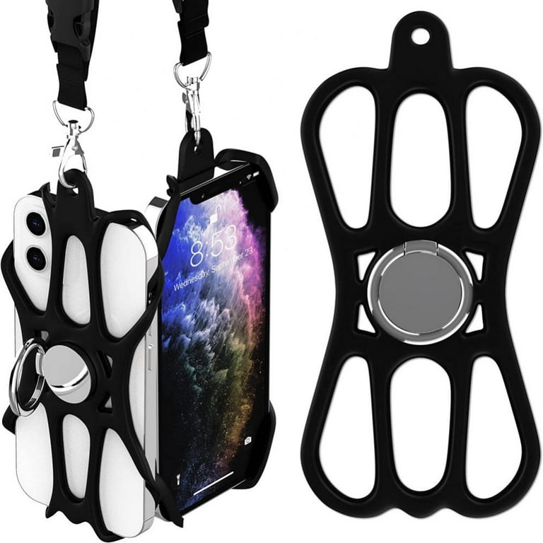 Universal Cell Phone Lanyard Case for around The Neck with Finger Ring Holder Stand Fits for 4 6.5inch cellphone Black