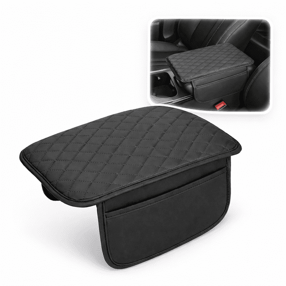 Universal Center Console Armrest Pad - Memory Foam Height Extender - Ergonomic Elbow Support Cushion with Side Storage Pockets for Phones & Cards - Leather Console Protector for Trucks, SUVs & Sedans