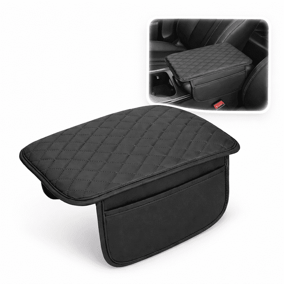 Universal Center Console Armrest Pad - Memory Foam Height Extender - Ergonomic Elbow Support Cushion with Side Storage Pockets for Phones & Cards - Leather Console Protector for Trucks, SUVs & Sedans