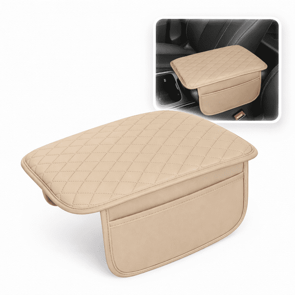 Universal Center Console Armrest Pad - Memory Foam Height Extender - Ergonomic Elbow Support Cushion with Side Storage Pockets for Phones & Cards - Leather Console Protector for Trucks, SUVs & Sedans
