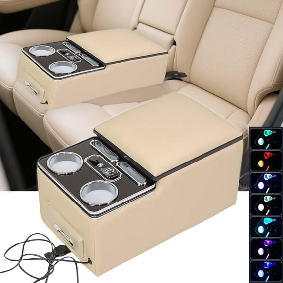 Universal Center Console, Bench Rear Seat Armrest Organizer with Fast Phone Charging & Upgraded 7-Color Adjustable LED Lighting, Truck Center Console Storage Box with Cup & Phone Holders(Beige)