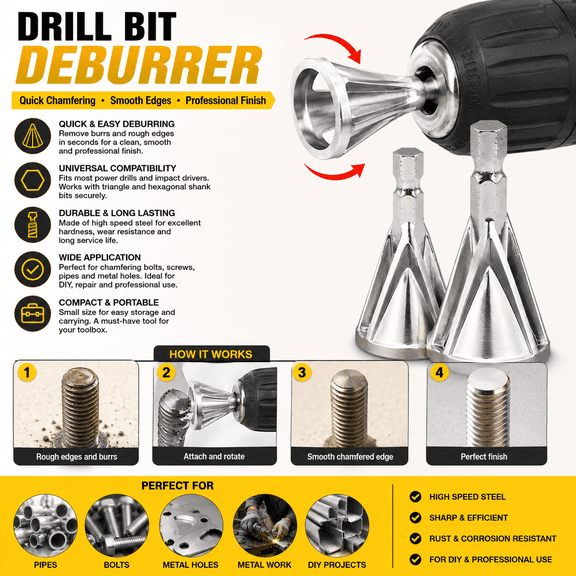 360° Rotary Deburring Tool, Metal Chamfer Drill Bit for Pipe Thread Repair, Rust Removal & Bolt Edge Smoothing