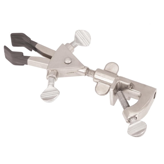 Universal Clamp - 2 Prong, Double Adjustable - Non-Slip Vinyl Coated Grip, Holds Items up to 2.15" - Swivel Bosshead, Fits Large Rods up to 21mm - Stainless Steel - Eisco Labs