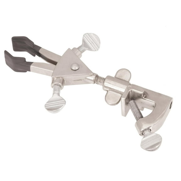 Universal Clamp - 2 Prong, Double Adjustable - Non-Slip Vinyl Coated Grip, Holds Items up to 2.15" - Swivel Bosshead, Fits Large Rods up to 21mm - Stainless Steel - Eisco Labs