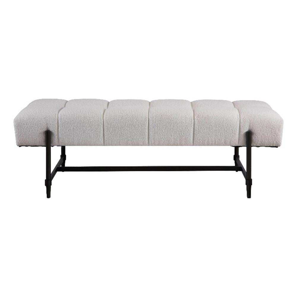 Ivory Upholstered Bench with Matte Black Metal Base