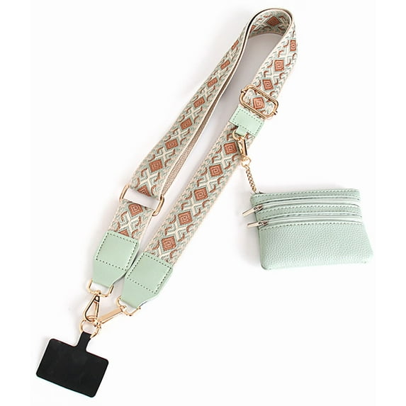 Universal Crossbody Strap for Phone Case with Zippered Pouch/Purse, Fashion Wrist Lanyard Compatible with iPhone 15 Pro Max, 15 Plus, 12 Mini, etc - Mint Caramel Diamond