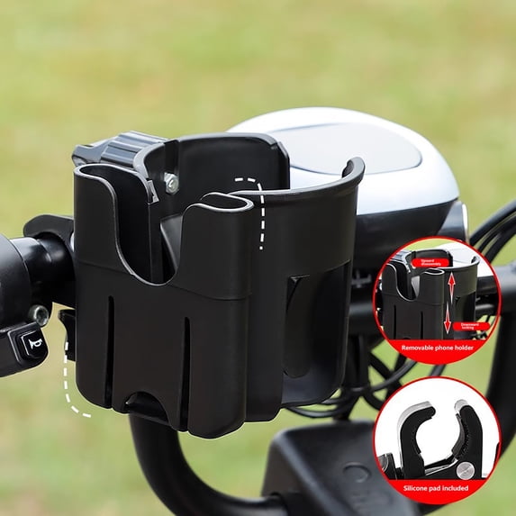 Universal Cup Holder for Stroller, Wheelchair, Scooter - 2-in-1 Cup and Phone Base with Adjustable 360 Degree Rotating Clamp, Fits Handle Bars, Shopping Cart, Kayak, ATV, Lawnmower, Treadmill