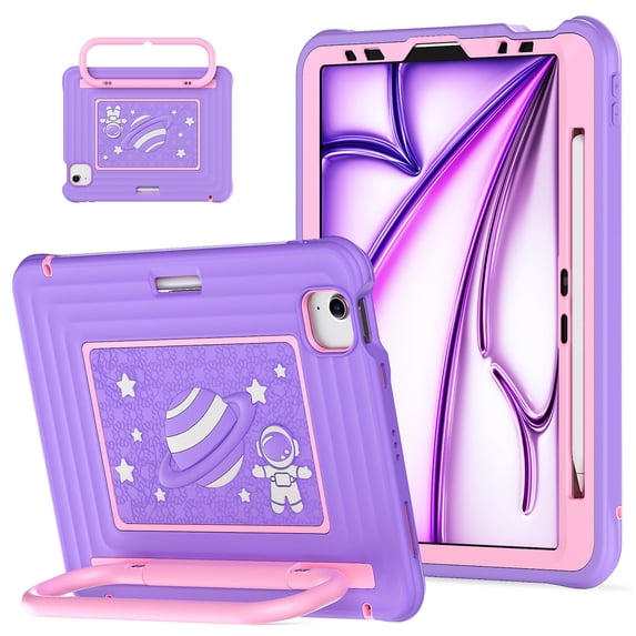 Universal Cute Shockproof Case with Shoulder Strap for iPad Air 11" (M2/M3/M4), iPad Air 10.9" (4th/5th Gen), iPad Pro 11" (1st/2nd/3rd/4th Gen), with Kickstand Handle, Pencil Holder Loop, Purple