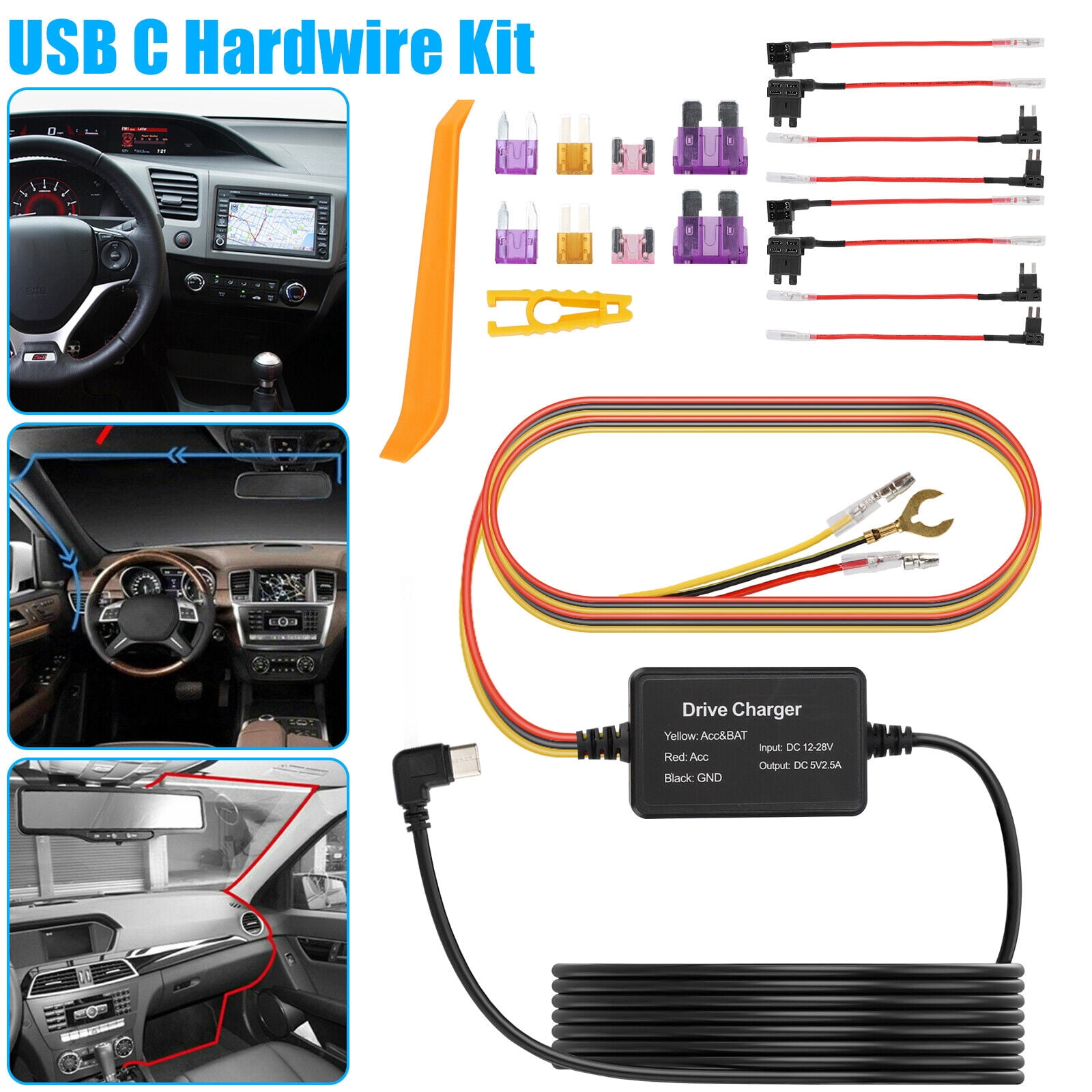 Universal Dash Cam Hardwire Kit Usb C Hard Wire Cable Fuse 12 24v For Car Trucks 7189