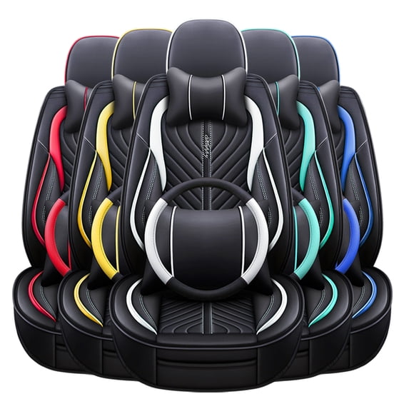 Universal Deluxe PU Leather 5-Seats Car Seat Cover Front Rear Cushion Full Set
