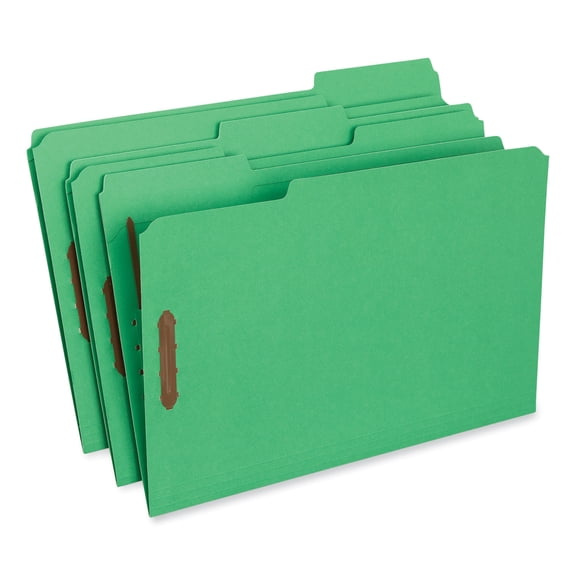 Universal Deluxe Reinforced Top Tab Folders with Two Fasteners, 1/3-Cut Tabs, Legal Size, Green, 50/Box (13526)