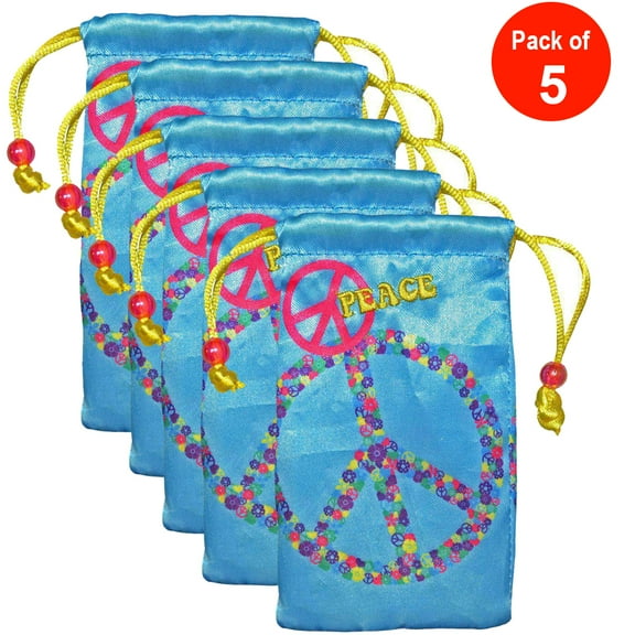 Universal Designer Handy Drawstring Pouch (Pack of 5) Jewelry Wedding Birthday Party Baby Shower Favor Gift Bags 4.5 x 2.75 inch - Peace Sign