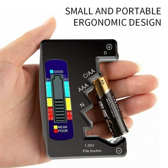 Universal Digital Battery Tester | LCD Display Battery Power Detector | Multi-Type Checker for AA AAA C D N 9V 1.5V Button Cell | Portable Pocket Size ABS | Home Use | 92x65x14mm | 1PC