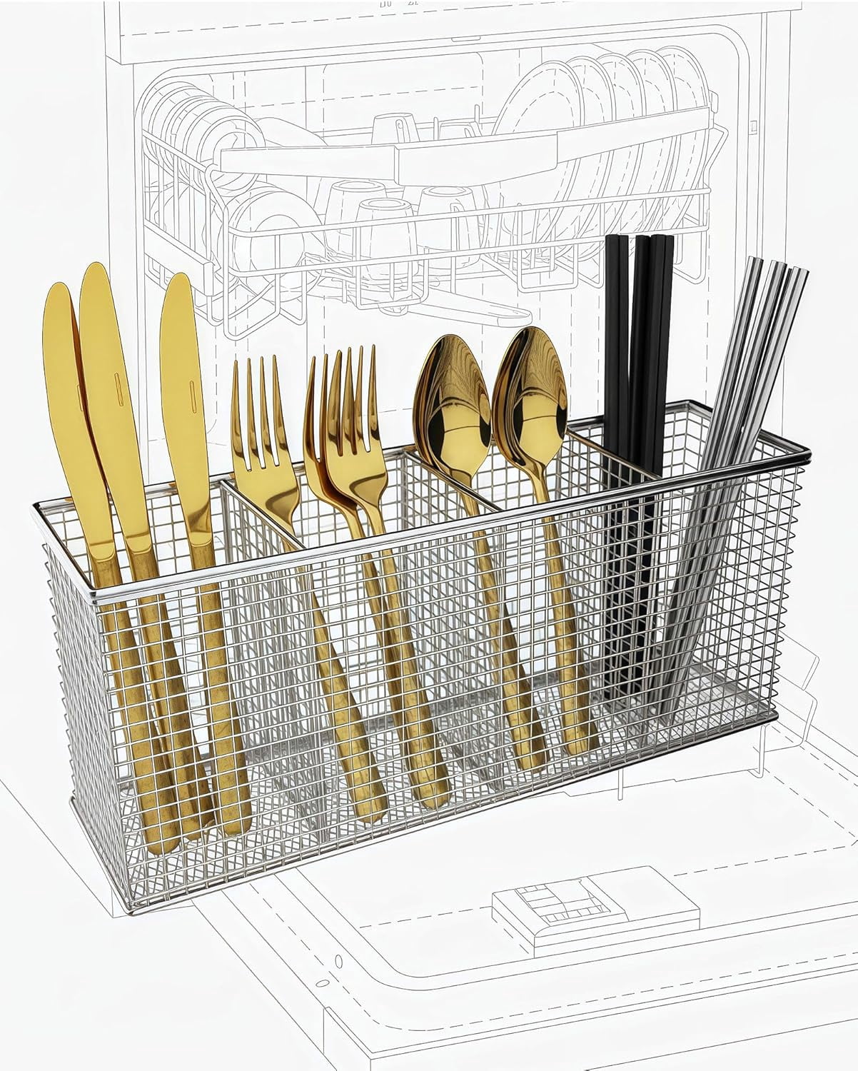 Universal Dishwasher Silverware Basket, 304 Stainless Steel 4-Compartment Dishwasher Utensil Basket, Spoons, Forks, Chopsticks, Straws Cleaning (Silver)
