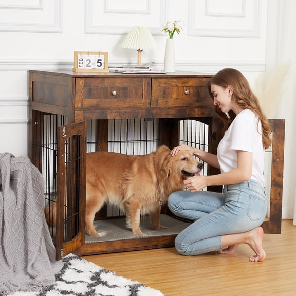 Universal Dog Crate Furniture for All Sizes | Wooden Kennel with Storage Drawers Fits Small to Large Breeds