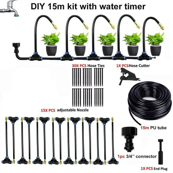 Universal Drip Irrigation Kit with Adjustable Nozzle, Hose (10m/15m/20m), Watering Spray System for Garden, Lawn, Patio, Greenhouse, American Standard, DIY Installation