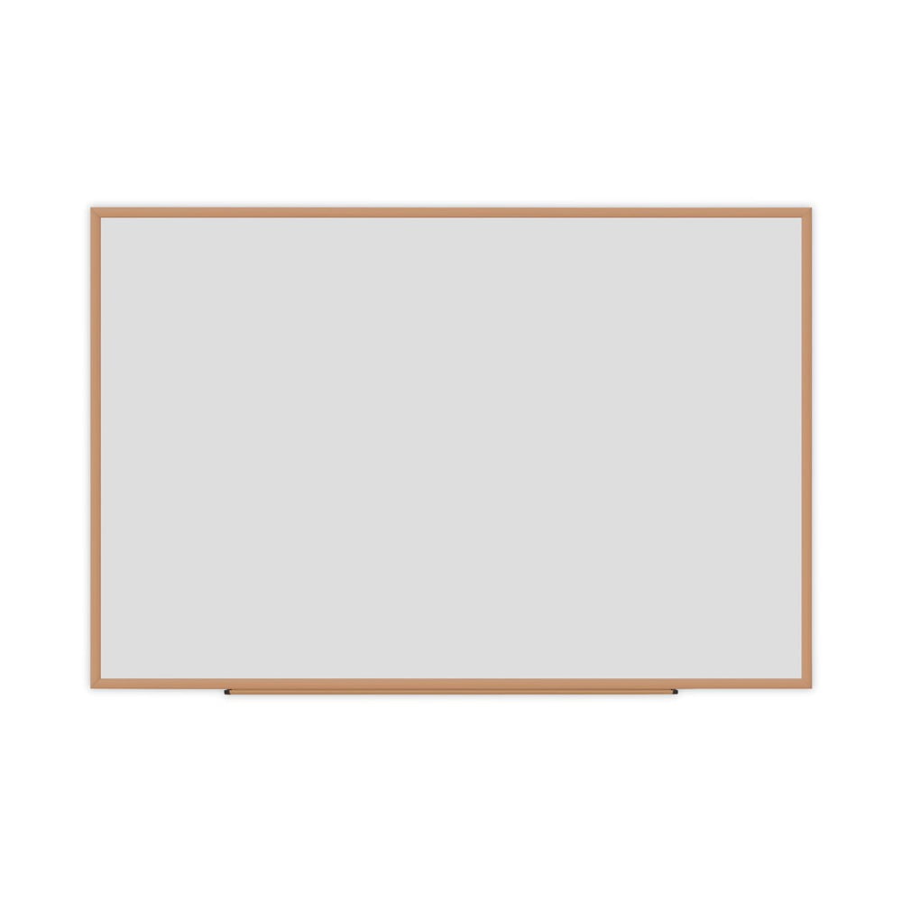 Universal Dry-Erase Board, Melamine, 72 x 48, White, Oak-Finished Frame
