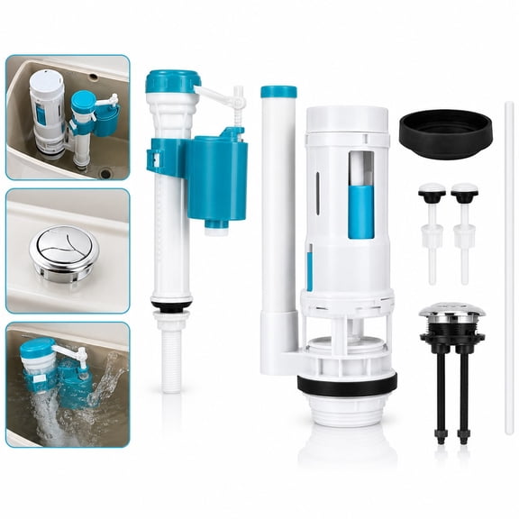 Universal Dual Flush Toilet Repair Kit with Fill Valve & Chrome Push Button - Complete Water Tank Replacement Kit for 2-Piece Toilets, Easy Installation, Water Saving