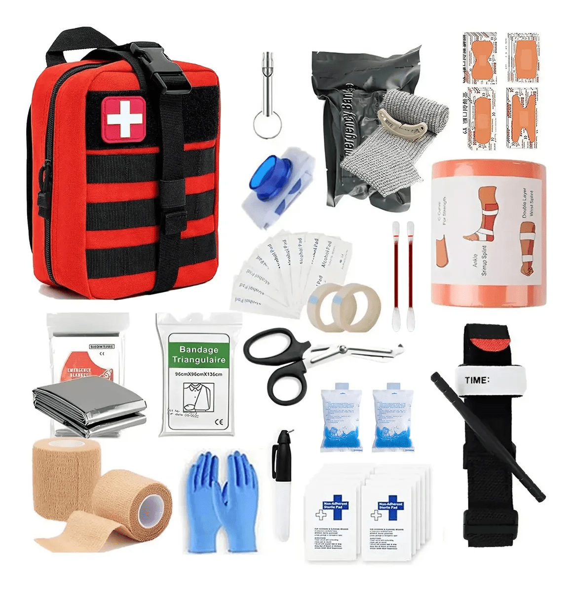 Universal Emergency First Aid Kit - Comprehensive 100+ Piece Medical Supplies with Portable Molle Pouch for Travel, Camping, and Outdoor Survival, Red