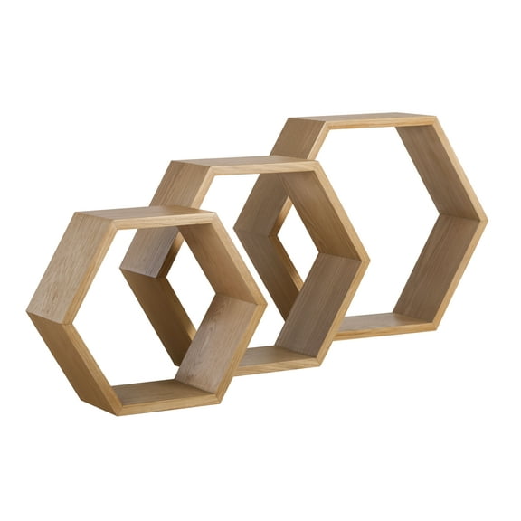 Universal Expert Abacus Hexagon Floating Shelves (Set of 3), Farmhouse Storage HoneycombShelves in Small, Medium and Large, Wooden Wall Mount Decor for Living Room, Bedroom, Hallways or Entryway, Oak