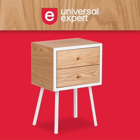 Universal Expert Abacus Nightstand with 2 Drawers, Solid Wood Knobs, Metal Legs, for Bedroom and Living Room