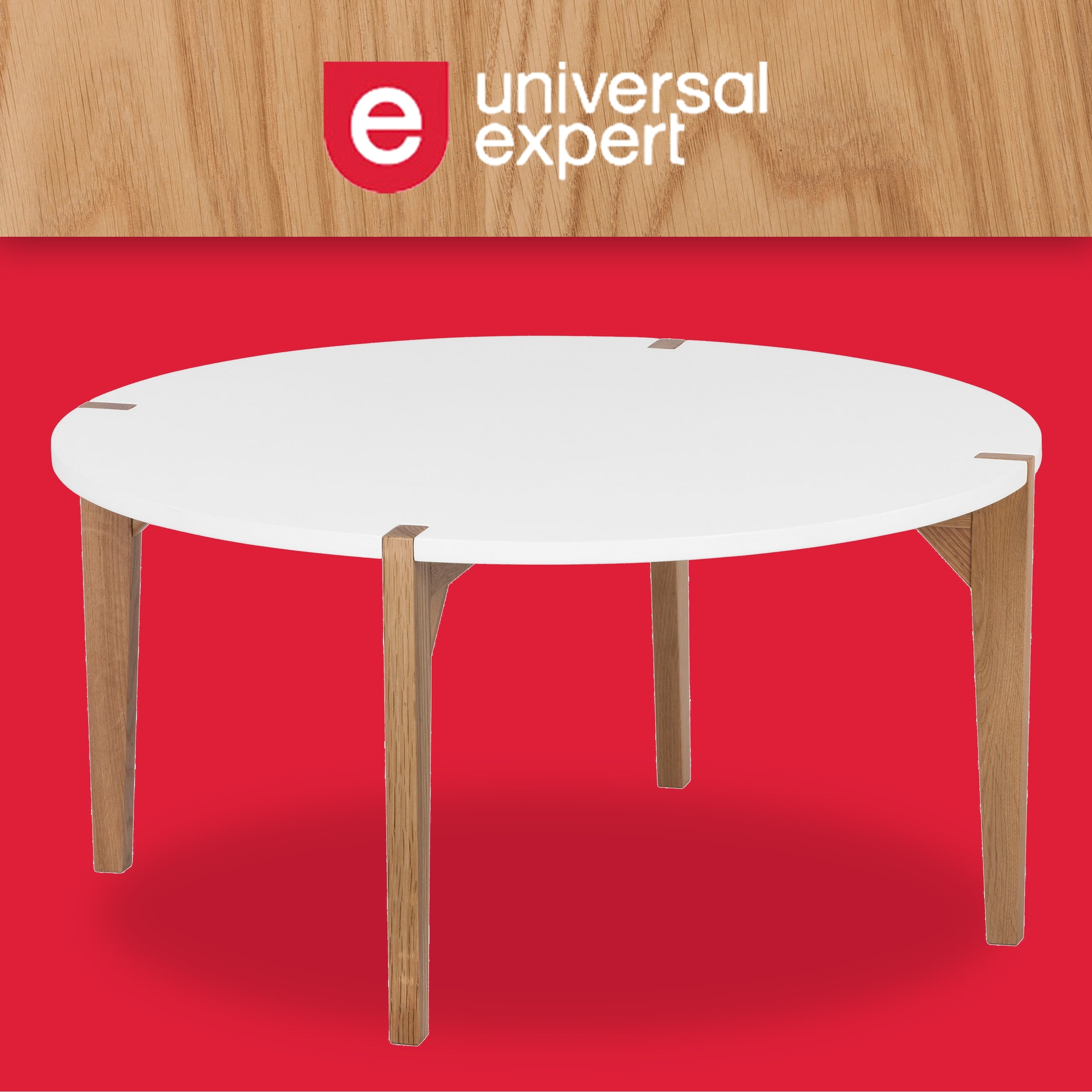 Modern Oak and White Round Coffee Table with Solid Wood Legs