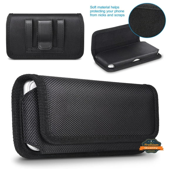Universal Extra Large Horizontal Belt Clip Holster Rugged Canvas Nylon Fabric Pouch Phone Holder Cover with Belt Clip & Loops (Holds Phone Up To 7 Inch) [Black]