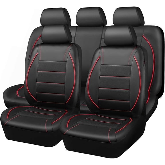 MY Universal FIT Piping Leather Car Seat Cover, for suvs,Van,Trucks,Airbag Compatible,Inside Zipper Design and Reserved Opening Holes (Full Set, Black and Red)