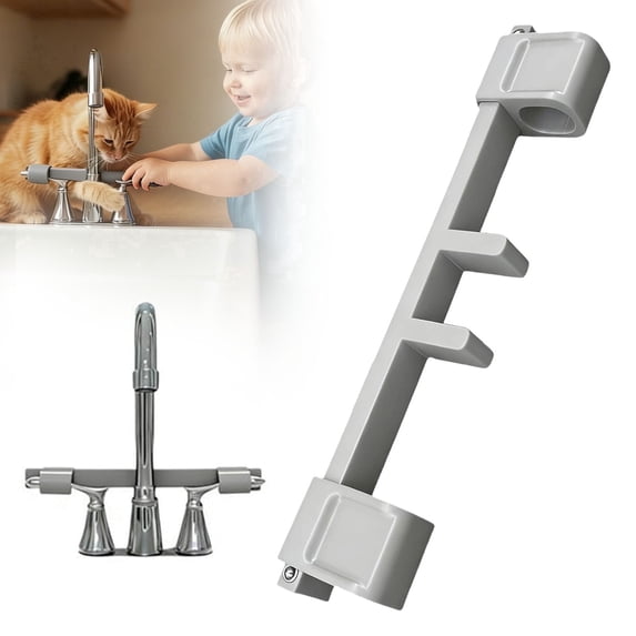 Universal Faucet Handle Lock for Double Sink, Gray Anti-Slip Water Stop Guard with Center Pipe Stabilizer, Quick Snap Flood Prevention Lock for Kitchen Bathroom, 1 Pc
