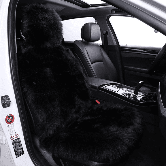 Universal Faux Sheepskin Fur Car Front Seat Cover Cushion Mat - Luxury Long Wool Winter Cushion - Breathable & Soft - Black, 1 item