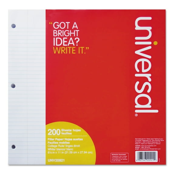 Universal Filler Paper, 3-Hole, 8.5 x 11, Medium/College Rule, 200/Pack -UNV20921