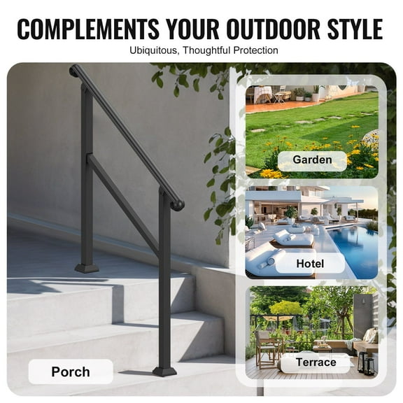 Universal Fit 2 to 3 Step Outdoor Handrail with Post, Non-Slip Surface & Tool-Free Adjustment, Perfect Safety Solution for Elderly Porch Access